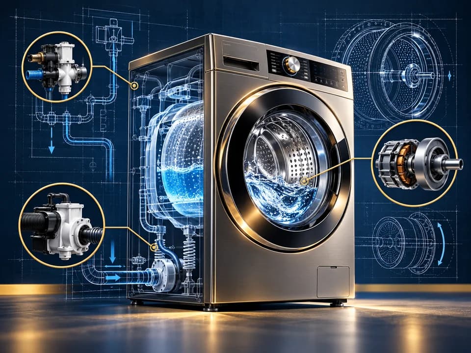 Appliance repair training illustration showing washing machine components and diagnostic diagrams